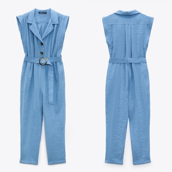 New Zara Soft Belted Blue Jumpsuit NWT Size Small - Picture 4 of 12